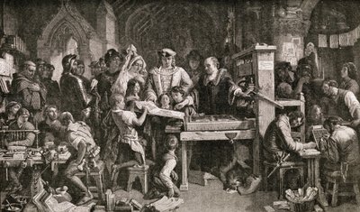 1858年ウェストミンスターの養蜂場でエドワード4世に印刷した標本を見せているカクストン（c.1422-91） 作： English School