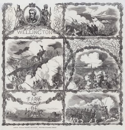 セリンガパタム包囲戦（1799年）、ドンディア・ワグの敗北（1800年）、アッサイの戦い（1803年）、ワーテルローの戦い（1815年）でのウェリントン公爵の勝利を祝う（エングレーヴィング）。 作： English School
