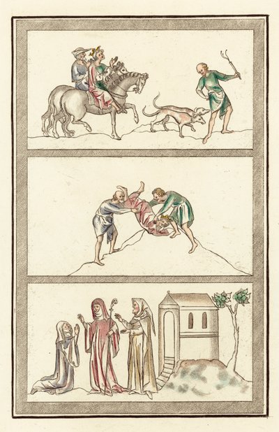 メルキア王セネルム、狩猟、王の殺害、アベス、修道女、アンカライト（彩色彫刻版 作： English School