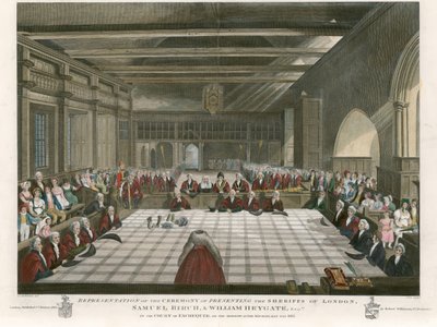 1811年のミカエルマスの日の翌日の翌日に、ロンドンの保安官、サミュエルバーチ、ウィリアムヘイゲイトを外務省裁判所で贈呈式 作： English School