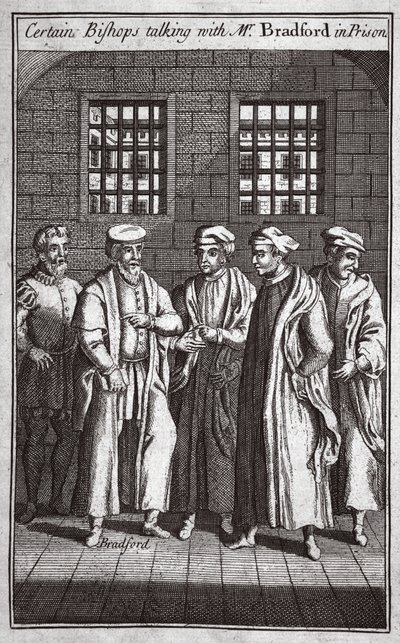 刑務所でブラッドフォード氏と話している特定の司教、キツネの殉教者のイラストc.1703 作： English School