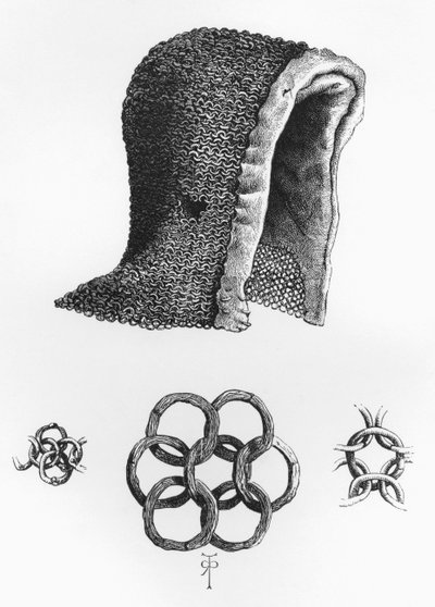 鎖帷子フードと連動鎖帷子の例 ｃ． A.D. 1120、The British Army: Its Origins, Progress and Equipment、1868 年発行。 作： English School