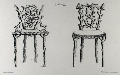 ウィリアム・ライト著『グロテスクな建築、または農村の娯楽』（1768年出版）からの椅子（彫刻）（白黒写真 作： English School