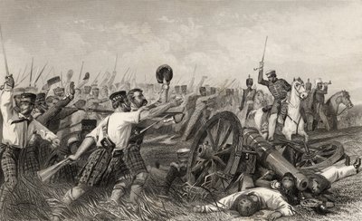 1858年に出版された「インディアン反乱の歴史」から、ハヴロック将軍の下でカウポア前のハイランダーズの告発 作： English School