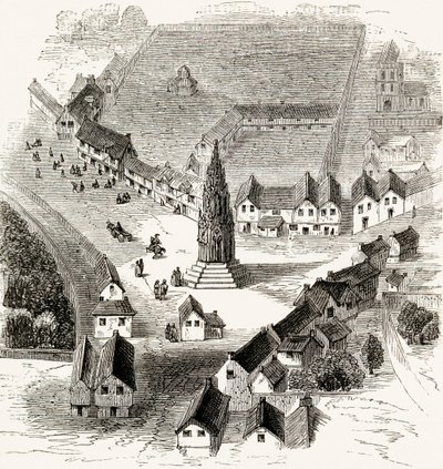 チャーリングクロス、16世紀のロンドン、1865年頃（木の彫刻） 作： English School
