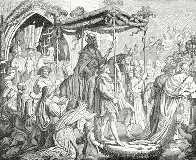 チャールズ4世、神聖ローマ皇帝、1365年、1882年にアヴィニョンの教皇アーバン5世を訪問 作： English School