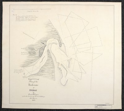 1822年、英国東インド会社の海洋調査員によるドバイの海図。H.C.海洋中尉J.M.ガイ中尉の指示の下、R.コーガン中尉が作成した「デバイ背後水域の三角測量図」と題する。 作： English School