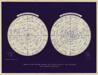 北半球と南半球の星座を示す天球図（カラーリトグラフ） 作： English School