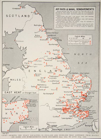 1914年12月16日から1918年6月17日までの敵対的な空襲と砲撃に苦しんだイングランドとスコットランドの正確な地域を示すグラフ 作： English School
