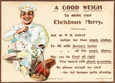 シェフの文字と食品の秤、クリスマスカードの重量を量る 作： English School