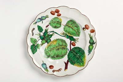 ナッツ、昆虫、葉の植物のイラストが飾られたチェルシープレート、1755年（磁器） 作： English School