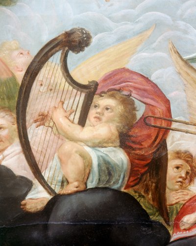 Cherub playing a harp, detail of the ceiling mural in the Heaven room (oil on canvas)   1457911   ja       japanese Successfully Translated  Original: Catskill - from J R Livingstons. TS Translat: Catskill - from J R Livingstons. TS 1434474 ja japanese Suc 作： English School