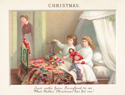 子供がクリスマスの朝、クリスマスカードにストッキングを空にする 作： English School