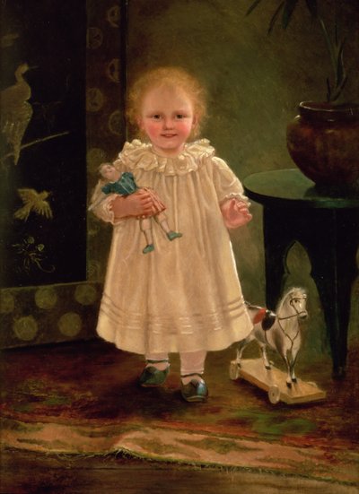 人形とおもちゃの馬を持つ子供、1840年頃 作： English School