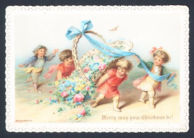 子供たちと天使たちが花のバスケットを引っ張って、クリスマスカード 作： English School