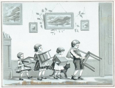 椅子とスツール、クリスマスカードを運ぶ子供たち 作： English School