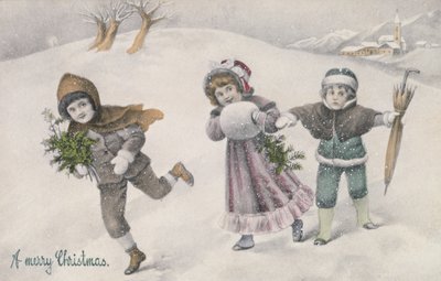 雪の中の子供たち、ヴィクトリア朝の絵葉書（プリント） 作： English School