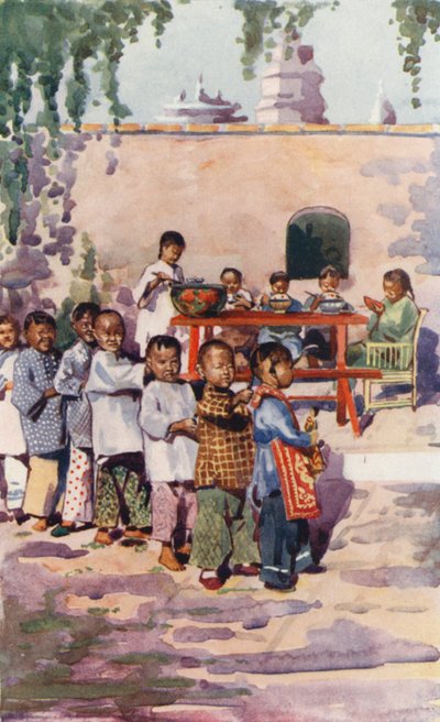 中国の子供たち：食事と遊びの子供たち（カラーリトグラフ） 作： English School
