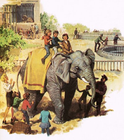 ロンドン動物園でジャンボに乗る子供たち 作： English School