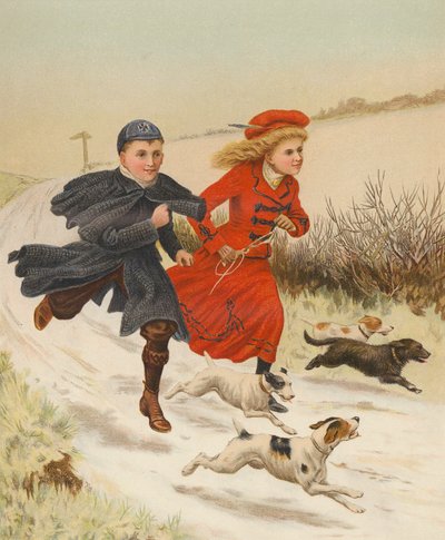 雪道を犬と走る子供たち（クロモリト） 作： English School