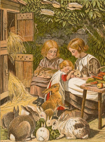 ペットのウサギと子供たち（カラーリトグラフ） 作： English School