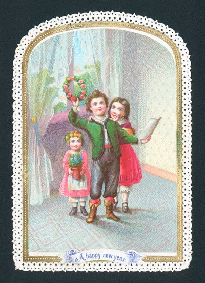 花輪と花を持つ子供、年賀状 作： English School