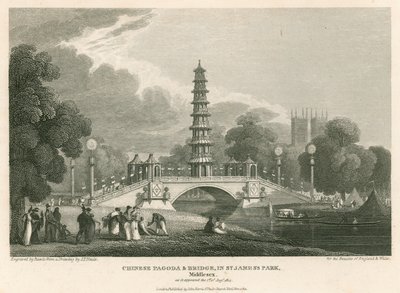 1814年8月1日に登場した中国の塔と橋、ロンドンのセントジェームスパーク 作： English School