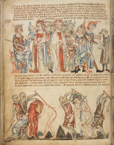ヘロデとピラトの前のキリスト。 ヘロデは手を洗います。 キリストのむち打ち、追加。 47682、f.30v、c.1320-30（ベラム） 作： English School