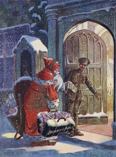 第一次世界大戦の兵士のためにサンタクロースがプレゼントを持ってくるクリスマス広告（カラーリトグラフ 作： English School