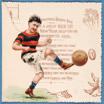 1890年代頃、ボールを蹴るサッカー選手を描いたクリスマスカード 作： English School