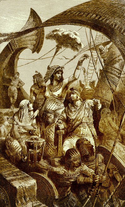 アクティウムの戦いでのクレオパトラ、イラストレイテッドヒストリーオブザワールドのイラスト、c.1880（デジタル拡張画像）クレオパトラVII（紀元前69-30）、最後の古代エジプトのファラオ。バトルo 作： English School