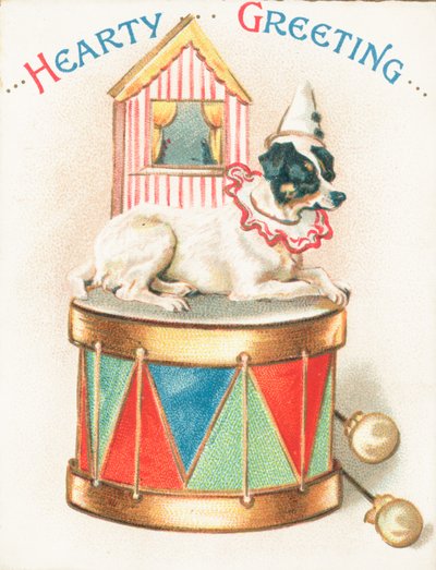 おもちゃのドラム、クリスマスカードのピエロ犬 作： English School