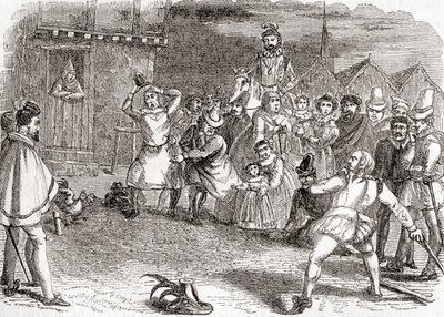 コック・スローイング、別名コック・シャイ、コックに投げる、オールド・イングランドより：A Pictorial Museum, pub.1847 作： English School