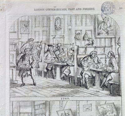 1763年のコーヒールーム、ロンドンコーヒーハウスの過去と現在（カラー彫刻） 作： English School
