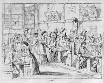 1863年のコーヒールーム、ロンドンのコーヒーハウスの過去と現在（カラー彫刻） 作： English School