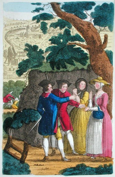 メアリー・スミスを襲うジャック大佐（1822年に出版された「Lives and Adventures of the Most Celebrated Highwaymen and Street Robbers...」の挿絵）（カラーリトグラフ版 作： English School