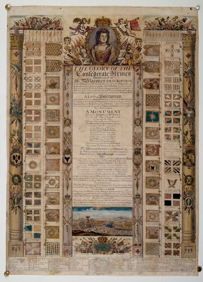 ブレナムの戦い、1704年の後にフランス人からキャプチャされた基準を示す記念チャート（色付きの線の彫刻） 作： English School