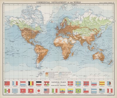 世界の商業発展、商船が使用する国旗（カラーリトグラフ） 作： English School