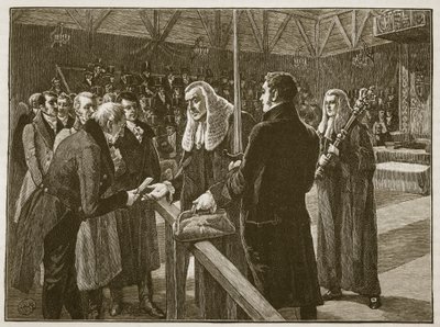 国会議事堂間の会議、1835年、イングランドのカッセルズイラストレイテッドヒストリーからのイラスト（セピア写真） 作： English School