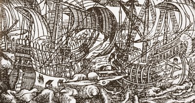海上の軍艦の現代的な木版画 作： English School