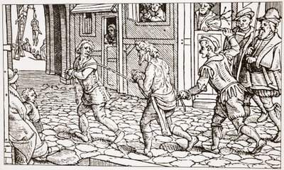 町の通りを駆け巡る放浪者を示す現代の木版画 作： English School