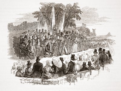 ロイヤルデンビーEisteddfodでの金のハープのためのコンテスト、1828年のHRHサス公公爵の前（鋼の彫刻） 作： English School