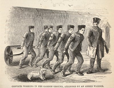 武装したウォーダー、ロンドンの刑務所刑務所のイラスト、ヘンリーメイヒューとパブのジョンビニーによる刑務所の生活のシーンが参加したガーデングラウンドで働いている囚人。 1862 作： English School