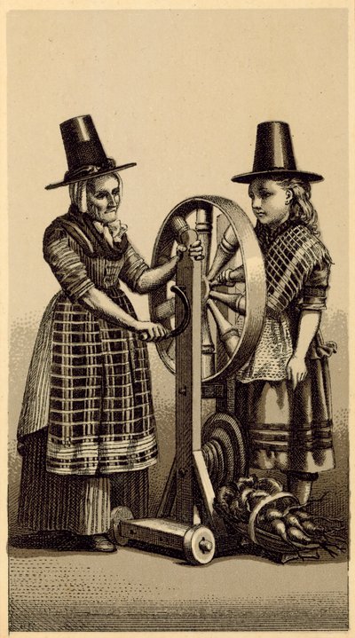 ウェールズの衣装: Spinning Genny (litho) 作： English School