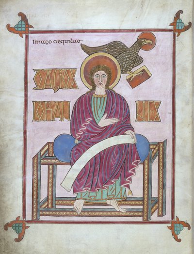 Cott Nero DIV f.209v 彼のシンボルを持つ聖ヨハネ、リンディスファーン福音書、710-721 (ベラム) 作： English School