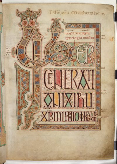 Cott Nero D IV f.27 リンディスファーン福音書、710-721 (ベラム) からの装飾文字「LIB」を含む聖マタイ福音書のインキピット ページ 作： English School