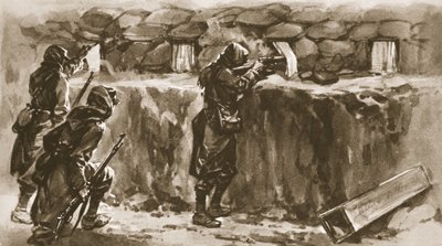 トレンチループホールスクリーンとしてのコテージウィンドウカーテン：1915年のイラストレイテッドウォーニュースによる、敵の狙撃兵を邪魔するフランスの手段 作： English School