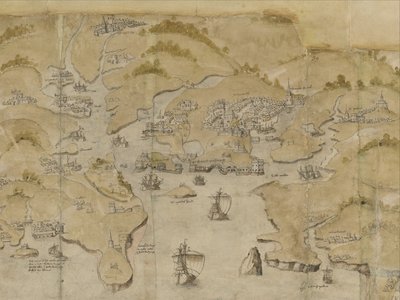 コットン アウグストゥス 1 世 38 プリマスを含むフォーウェイとサルコムの間の海岸の地図。 ランズエンドからエクスマウスまでの海岸のパノラマ地図の一部、1539年頃（ベラムにインクとカラー） 作： English School
