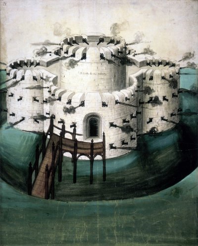 Cotton Augustus I i f.21、Walmer と Sundown Castles のデザイン (「A Castle for the Downes」) 作： English School