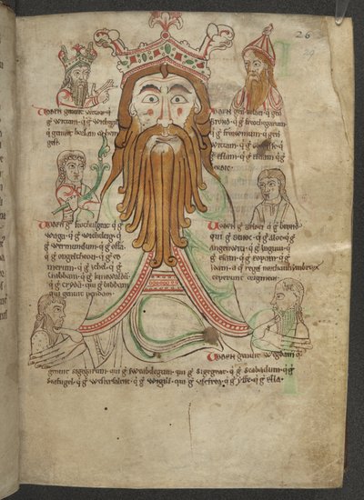 Cotton Caligula A. VIII, f.29 子孫に囲まれたウォデンの絵。 Heptarchy の小冊子、c.1153-66（ベラム） 作： English School
